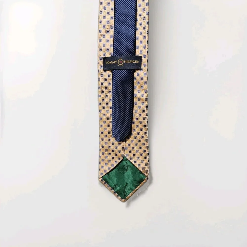 Tommy Hilfiger 100% Silk Tie Gold Blue Geometric Men's Designer Necktie